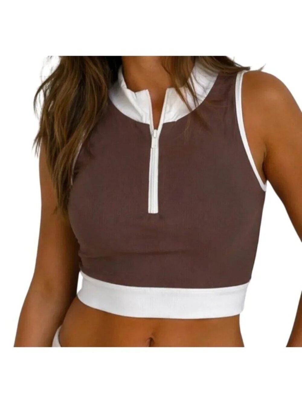 Wilo The Label Zip High Neck Athletic Crop Top Size Medium in Choco/Clay